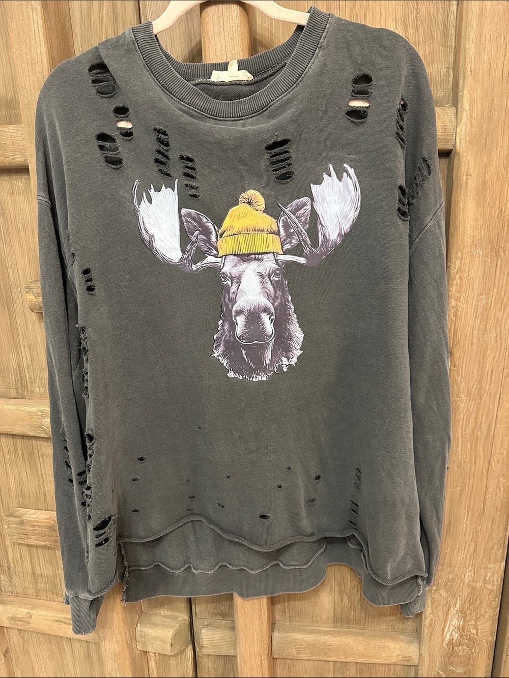 Charcoal Distressed Moose Graphic Sweatshirt with Yellow Beanie Accent